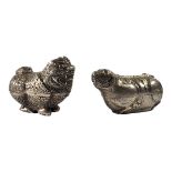 TWO LATE 19TH/EARLY 20TH CENTURY CAMBODIAN SILVER LION DOG BETEL BOXES Having chased textured