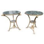 A PAIR OF FRENCH LOUIS XIV DESIGN TWO TIED GILT METAL GUERIDONS with circular marble tops
