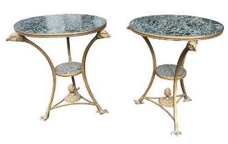 A PAIR OF FRENCH LOUIS XIV DESIGN TWO TIED GILT METAL GUERIDONS with circular marble tops