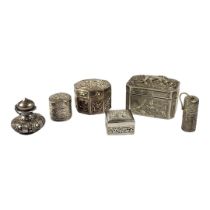 A COLLECTION OF SIX LATE 19TH/EARLY 20TH CENTURY INDIAN CHASED AND REPOUSSÉ SILVER LIDDED BOXES