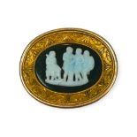 A 19TH CENTURY FRENCH YELLOW METAL, BLOODSTONE AND WHITE SARDONYX CAMEO PLAQUE, YELLOW METAL