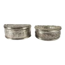 TWO LATE 19TH/EARLY 20TH CENTURY BURMESE SILVER LIME BOX Demilune form, both having chased