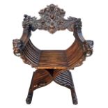 A FINE 19TH 19TH CENTURY ITALIAN RENAISSANCE SAVONAROLA CARVED WALNUT THRONE CHAIR decorated with