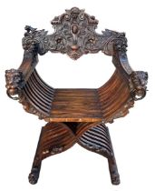 A FINE 19TH 19TH CENTURY ITALIAN RENAISSANCE SAVONAROLA CARVED WALNUT THRONE CHAIR decorated with