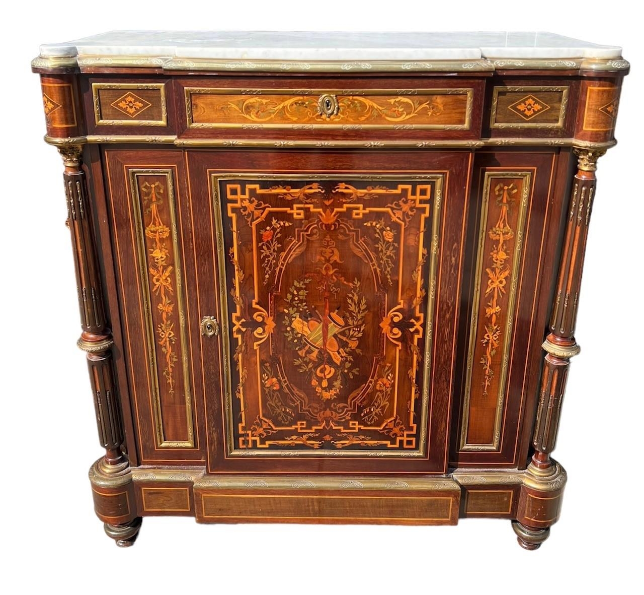 A 19TH CENTURY FRENCH LOUIS XVI DESIGN GILT METAL MOUNTED AND MARQUETRY PIER CABINET Marble top with - Image 4 of 4