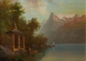 AN EARLY 19TH CENTURY CONTINENTAL OIL ON BOARD, SWISS MOUNTAINLANDSCAPE With figures in a rowing