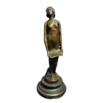 A BRONZE EROTIC FIGURE OF A FEMALE MUSICIAN Semiclad female with song sheet on circular vase. (