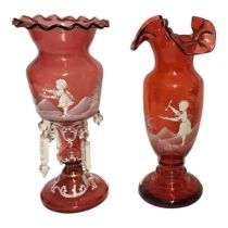 A 20TH CENTURY CRANBERRY GLASS 'MARY GREGORY' DESIGN LUSTRE VASE Having a piecrust edge and white