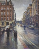 A.S. GARDINER, BRITISH CONTEMPORARY SCHOOL OIL ON CANVAS Titled ‘Rainy Day In The City’, signed