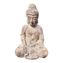 A LARGE WEATHERED BUDDHA STATUE In the typical seated position. (w 34cm x d 24cm x h 52cm)