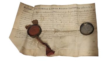 AN 18TH CENTURY MEDICAL DOCUMENT ON WAXED PAPER WITH WAX SEAL Titled 'Rector and Senatus Academiae