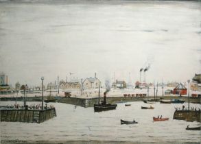 LAURENCE STEPHEN LOWRY, 1887 - 1976, A SIGNED FIGURAL PRINT Titled 'The Harbour', a view of a