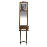 A FRENCH 18TH CENTURY STYLE GILT TRUMEAU MIRROR AND MARBLE CONSOLE TABLE With framed pictorial scene