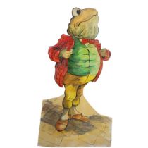 A LARGE WOODEN HAND PAINTED THEATRE PROP ILLUSTRATION OF ‘TOAD’ OF TOAD HALL. (w 123cm x h 236cm)