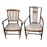 TWO EDWARDIAN MAHOGANY INLAID ARMCHAIRS Having pierced back splats and upholstered cushion seats,