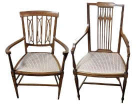 TWO EDWARDIAN MAHOGANY INLAID ARMCHAIRS Having pierced back splats and upholstered cushion seats,