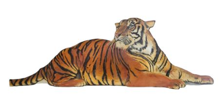 A LARGE HAND PAINTED WOODEN THEATRE PROP, SCENE OF A BENGAL TIGER. (w 363cm x 108cm) Condition: good