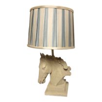 LAURA ASHLEY, COMPOSITION LAMP BASE MOULDED AS A HORSE HEAD With matching shade. (h 53cm with shade)