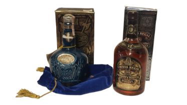 CHIVAS ROYAL SALUTE, A VINTAGE BOTTLE OF 21 YEAR OLD WHISKEY Blue Spode pottery bottle,retaining