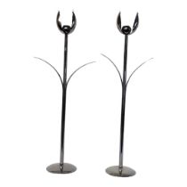 A PAIR OF CONTEMPORARY ITALIAN ‘MESA’ CHROME CANDLESTICKS In the shape of a tulip, with two petals