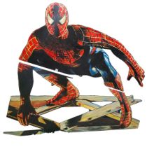 A VERY LARGE WOODEN HAND PAINTED THEATRE PROP, SPIDER MAN In two section. (w 242cm x h 236cm)