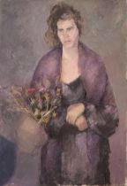 DANIEL, A 20TH CENTURY OIL ON CANVAS Portrait of a lady wearing a purple shawl with bouquet of