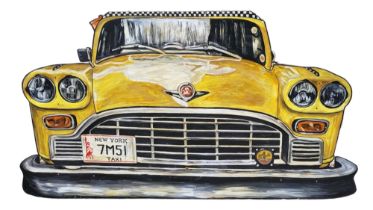 A LARGE HAND PAINTED WOODEN THEATRE PROP ILLUSTRATION OF A NYC YELLOW CAB. (w 220cm x h 157cm)