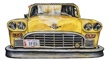 A LARGE HAND PAINTED WOODEN THEATRE PROP ILLUSTRATION OF A NYC YELLOW CAB. (w 220cm x h 157cm)