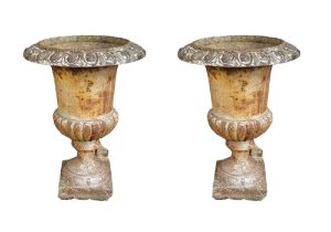 A PAIR OF 19TH CENTURY CAST IRON CAMPAGNA URNS Classical design. (33cm x 33cm x 45cm) Condition: one