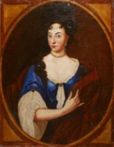 A LATE 18TH/EARLY 19TH CENTURY FRENCH OIL ON CANVAS, PORTRAIT OF A FEMALE FIGURE IN PERIOD BLUE