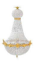 A LARGE GILT METAL AND GLASS PRISM BASKET CHANDELIER. Drop 89cm approx Condition: good overall,