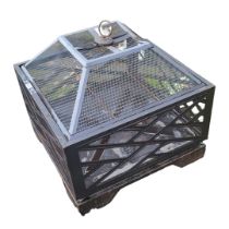 A MILD STEEL GARDEN FIRE PIT With mesh panels. (66cm x 66cm x 60cm) Condition: good overall, some