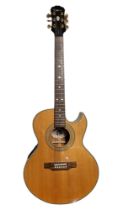 A GIBSON EPIPHONE PR 5E NATURAL ELECTRO-ACOUSTIC GUITAR With mahogany back, felt lined hard case and