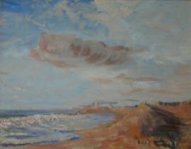 A 20TH CENTURY CONTINENTAL OIL ON ARTIST BOARD, COASTAL VIEW Beach scene, with buildings on the