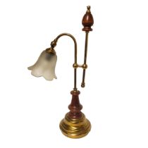 AN EDWARDIAN STYLE BRASS AND MAHOGANY ADJUSTABLE DESK STUDY LAMP BASE Embossed with scrolls,
