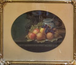 A PAIR OF LATE VICTORIAN OVAL OILS ON BOARD Still life fruit and flowers, mounted, framed and