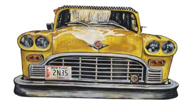 A LARGE HAND PAINTED WOODEN THEATRE PROP ILLUSTRATION OF A NYC YELLOW CAB. (w 220cm x h 157cm)