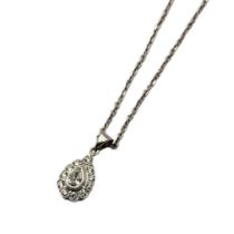 AN 18CT WHITE GOLD AND DIAMOND PENDANT NECKLACE Having a central pear cut diamond,edged with round