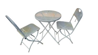 A GREY PAINTED STEEL MESH FOLDING CAFE TABLE AND TWO CHAIRS. (60cm x 60cm x 70cm) Condition: some