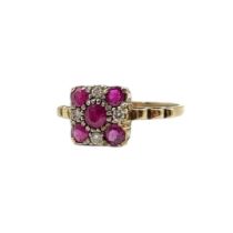 A VINTAGE 9CT GOLD, RUBY AND DIAMOND CLUSTER RING Having an arrangement of five round cut rubies