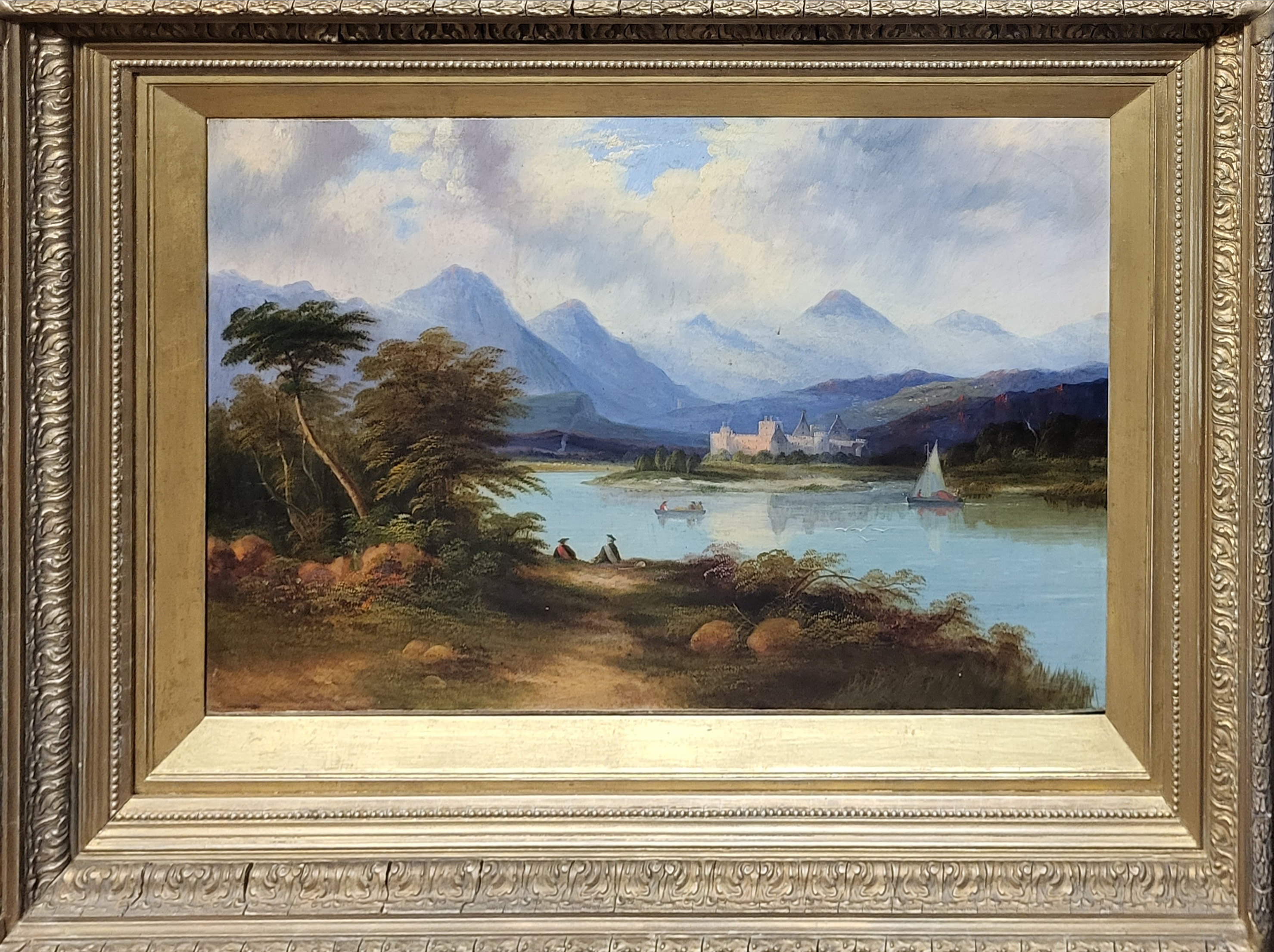 A 19TH CENTURY OIL ON CANVAS, SAILING BOATS ON A SCOTTISH LOCH With castle and mountains beyond, - Image 2 of 3