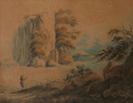 AN 18TH CENTURY CONTINENTAL WATERCOLOUR, MOUNTAINOUS LANDSCAPE, FIGURE IN PERIOD ATTIRE WITH FISHING