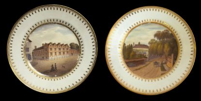 A FINE PAIR OF SWANSEA CABINET PLATES Polychrome painted with a view of Mr Biddulph’s Ledbury and