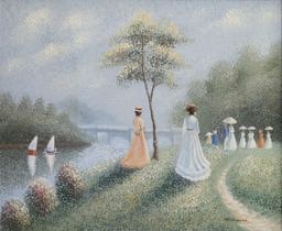 T. MOREAU, A 20TH/21ST CENTURY FRENCH OIL ON BOARD Ladies’ walking on a riverbank, signed, gilt