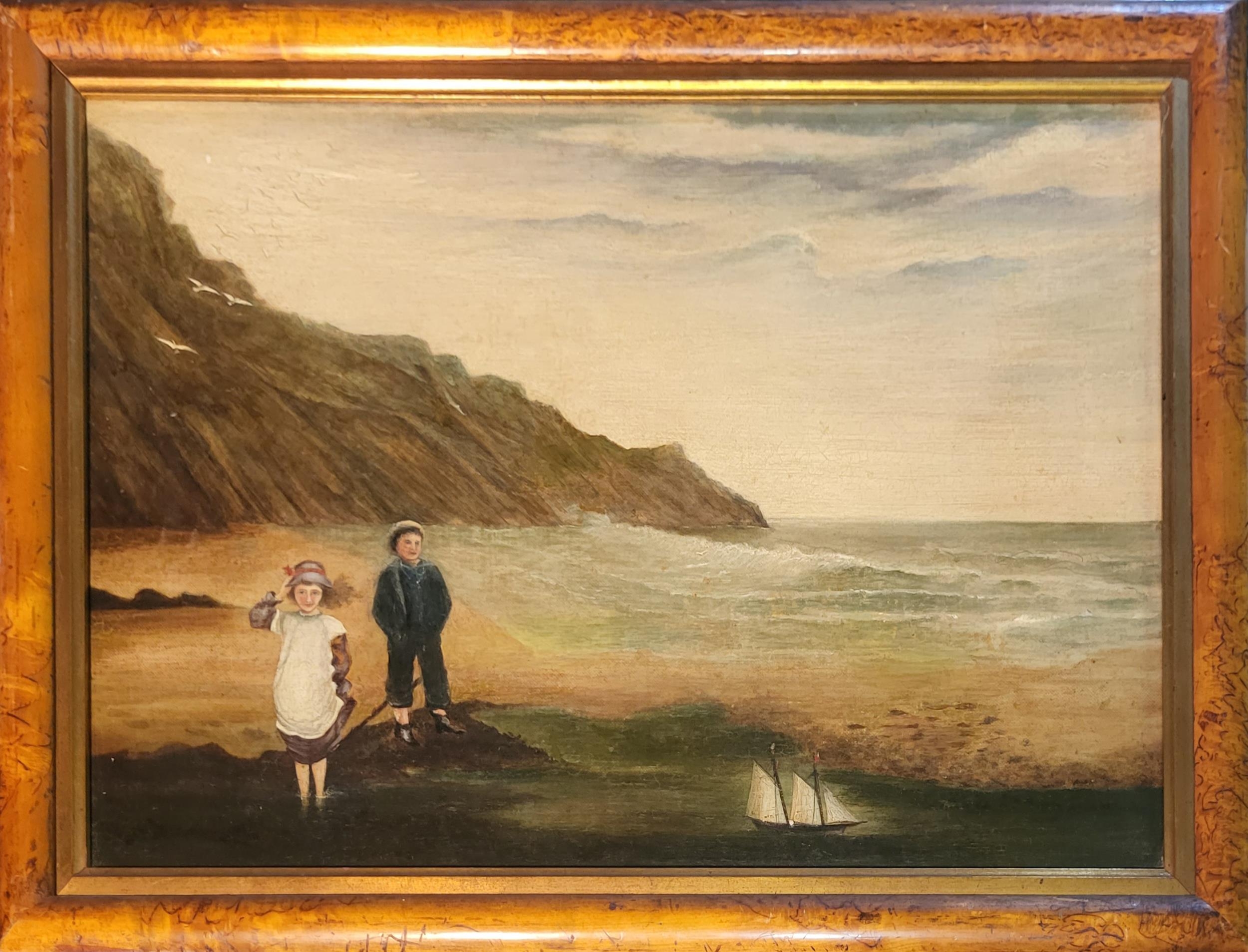 A VICTORIAN OIL ON CANVAS, COASTAL VIEW Children dressed in period attire with pond yacht, in - Image 2 of 4