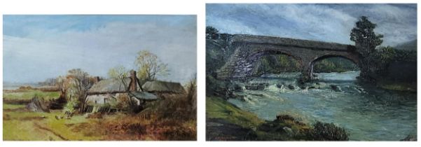 S.R. BENNETT, A 20TH CENTURY WELSH OIL ON BOARD Landscape, river scene with Roman bridge, bearing