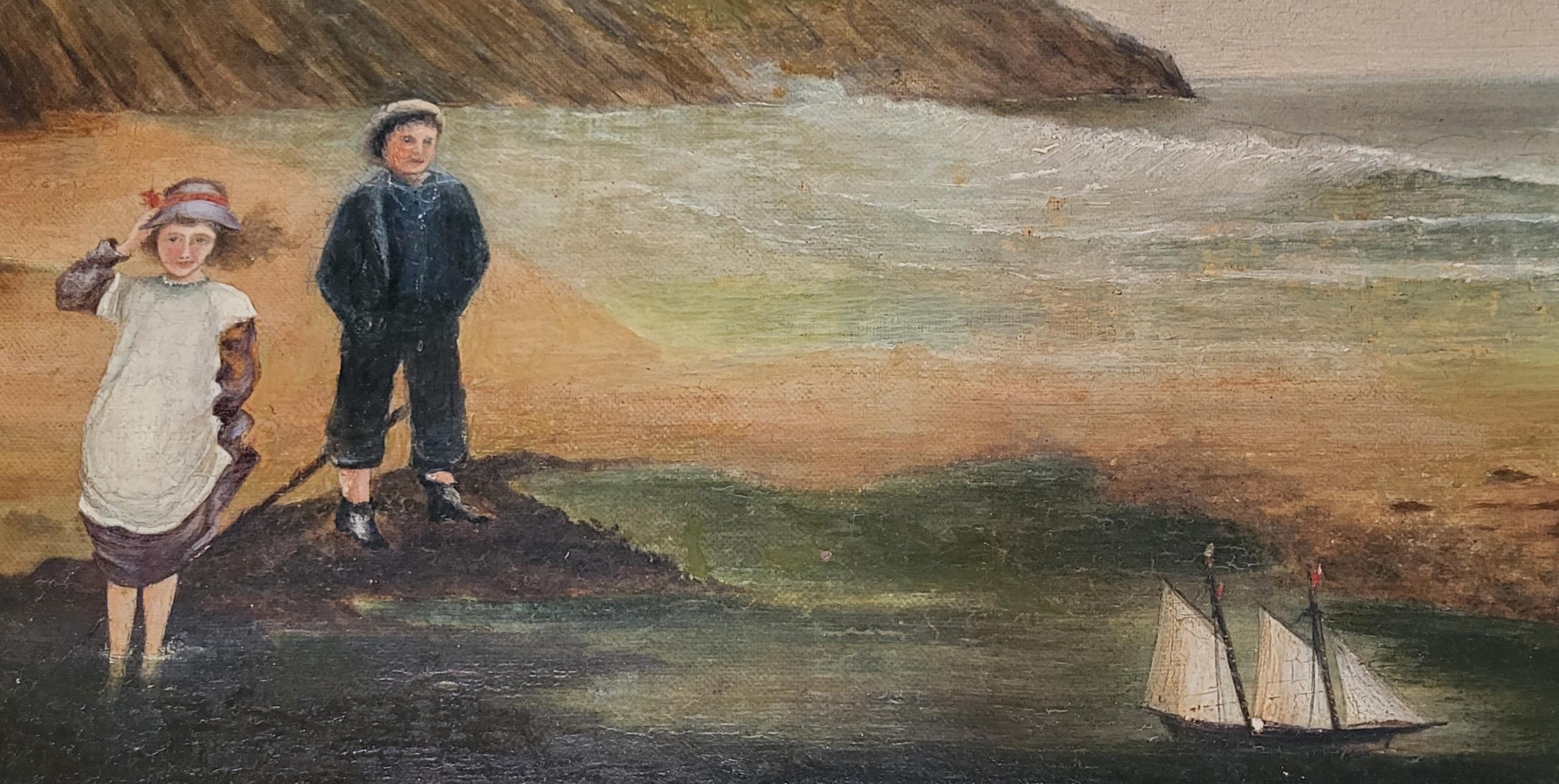 A VICTORIAN OIL ON CANVAS, COASTAL VIEW Children dressed in period attire with pond yacht, in - Image 3 of 4