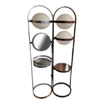 A 1970’S SPACE AGE FLOOR LAMP Brown metal frame with two white acrylic glass globes and tray,