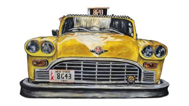 A LARGE HAND PAINTED WOODEN THEATRE PROP ILLUSTRATION OF A NYC YELLOW CAB From a head-on