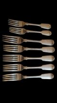 A COLLECTION OF FIVE VICTORIAN DINNER SILVER FORKS Fiddle pattern, with engraved family crest to
